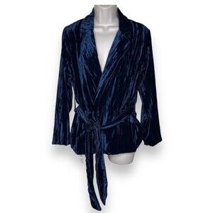 Lucy Paris Petra Blue Crushed Velvet Blazer Piped Tie Belt Faux Pockets Women XS